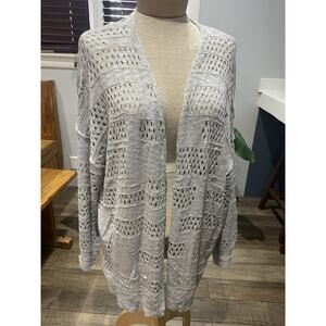 Womens Cardigan M Light Gray Crochet Open Sweater Boho Sheer Duster Cottagecore